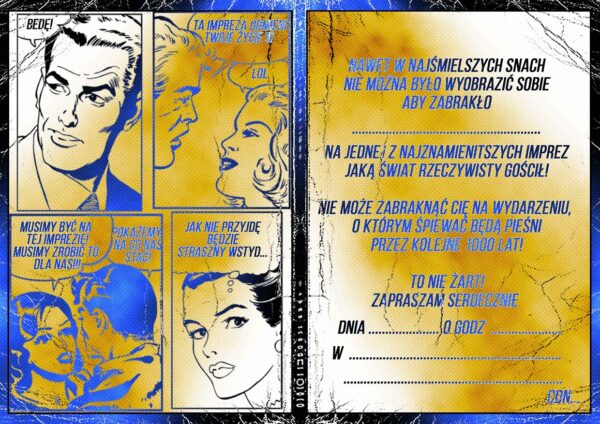 Środek zaproszenia na 18 urodziny w formie komiksu