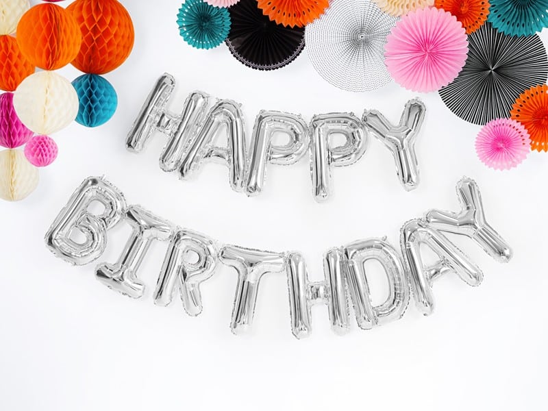 Balon foliowy HAPPY BIRTHDAY napis srebrny