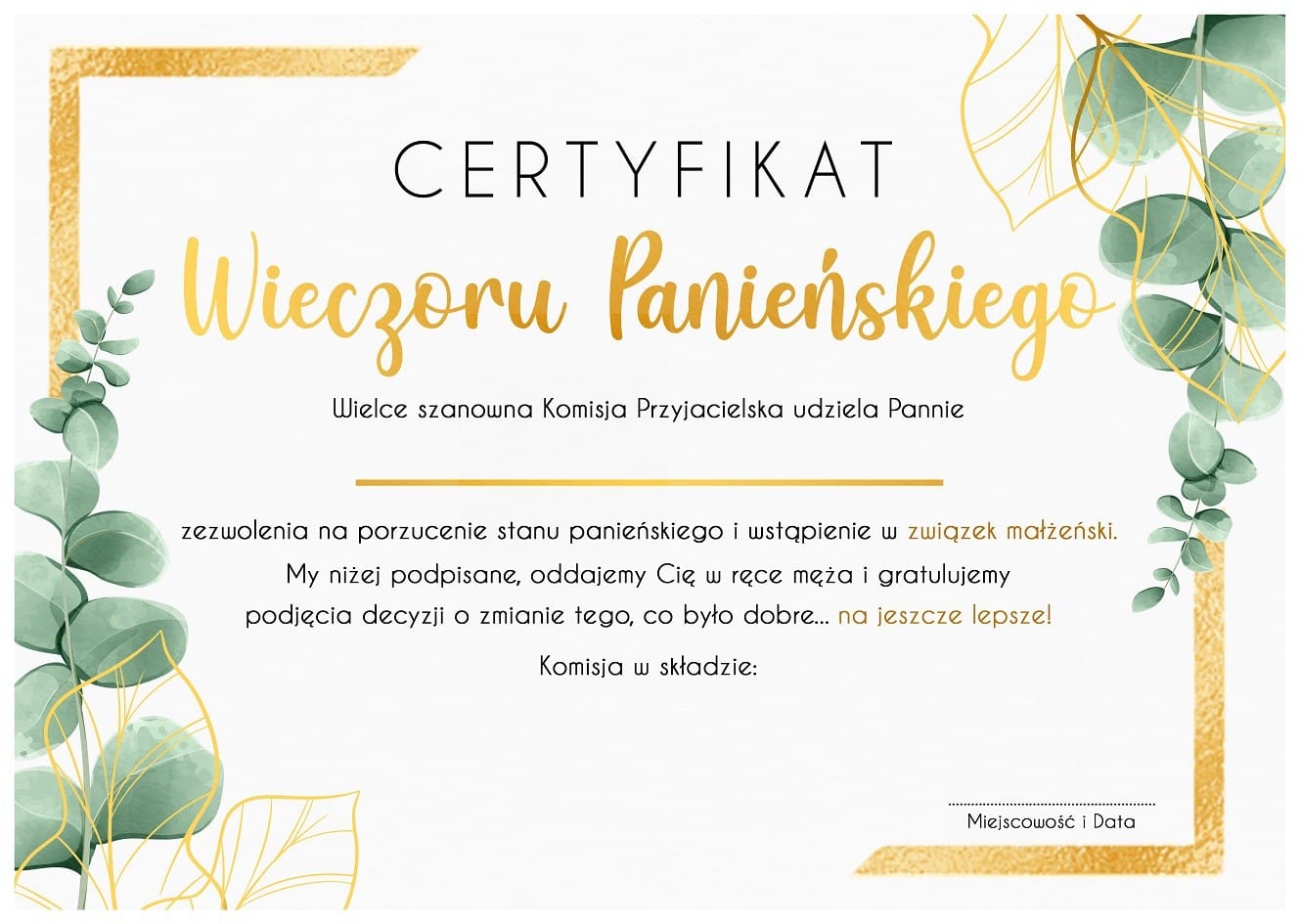 Certyfikat Na Wieczór Panieński Eukaliptus