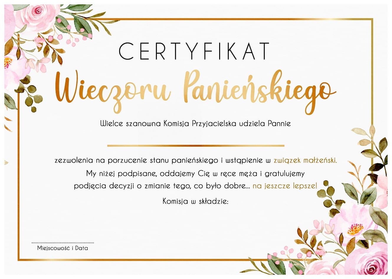 Certyfikat Na Wieczór Panieński Piwonie