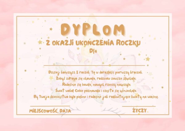 Dyplom certyfikat na Pierwsze Urodziny Girl