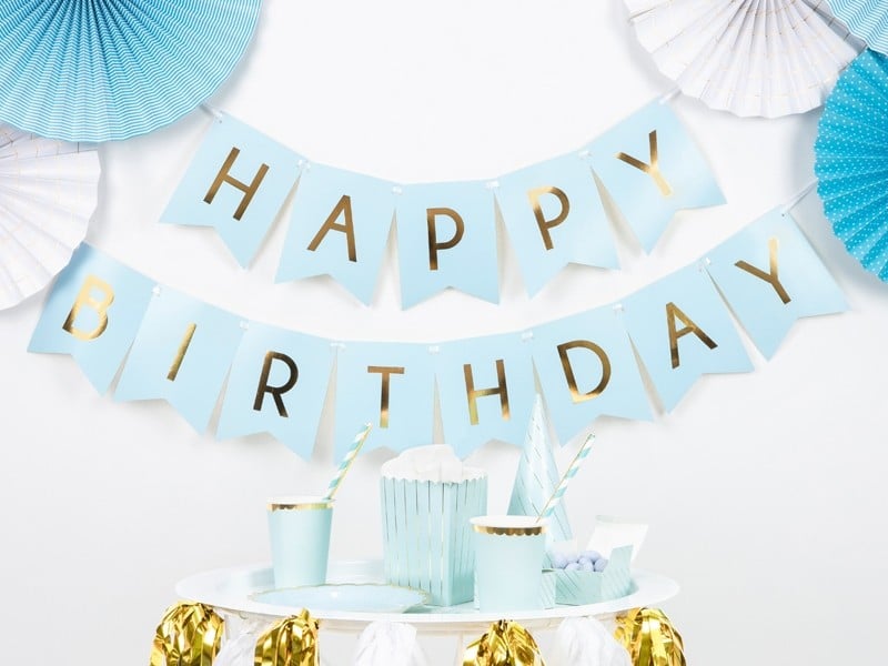 Girlanda Baner Happy Birthday niebieskie flagi