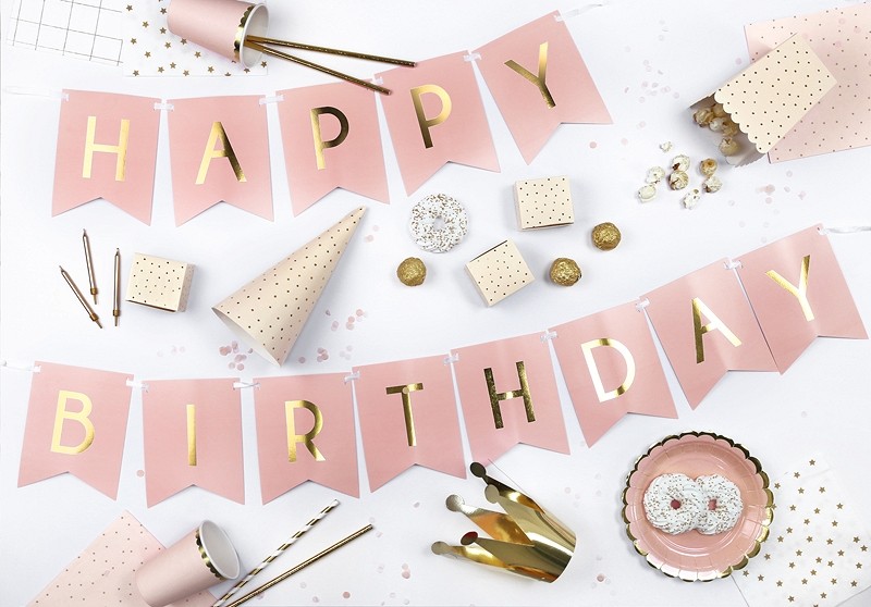 Girlanda Baner Happy Birthday różowe flagi
