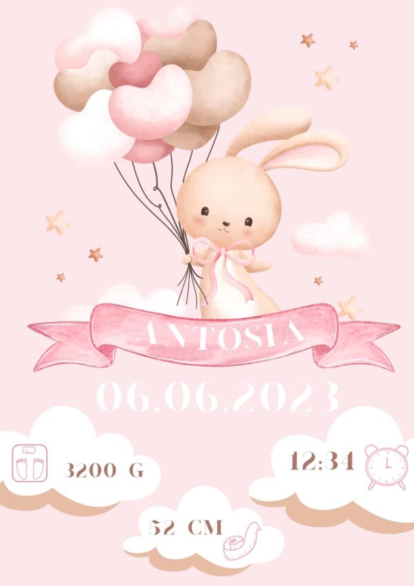 Metryczka dla dziecka Bunny Pink