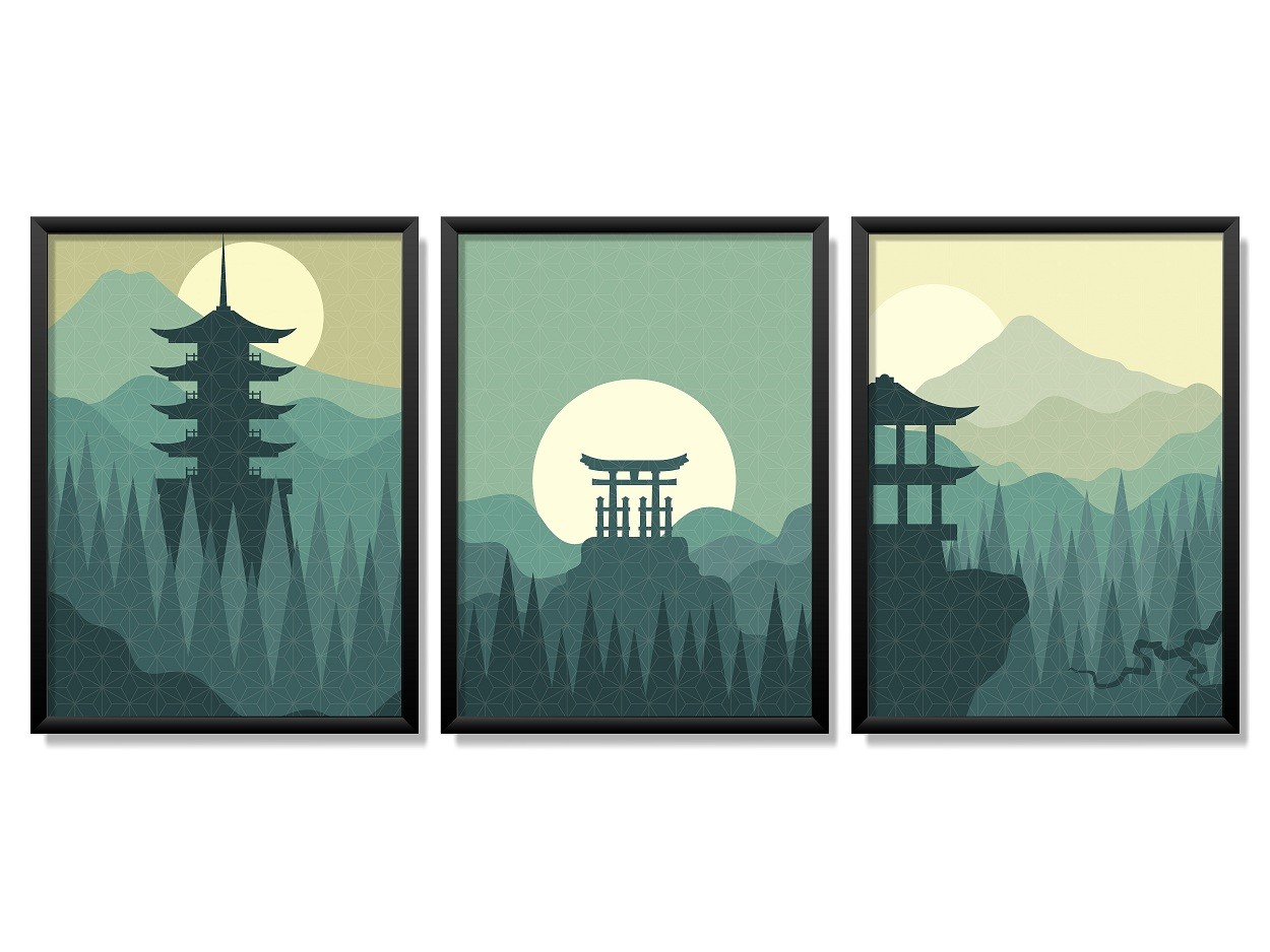 Obrazy w Drewnianej Ramie 90x40cm Green Japan