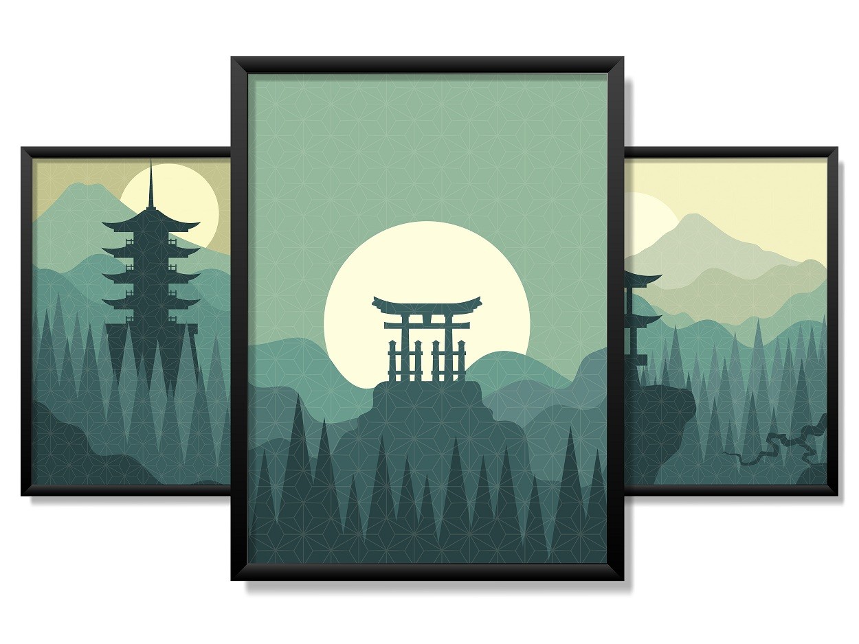 Obrazy w Drewnianej Ramie 90x40cm Green Japan