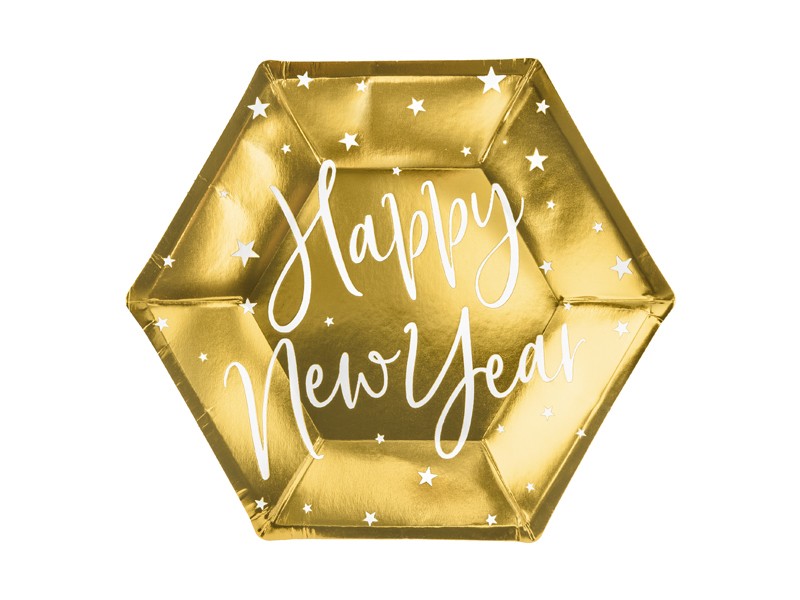 Talerzyki papierowe Happy New Year 6 szt. Złote