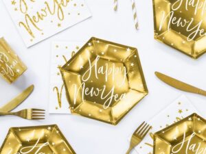 Talerzyki papierowe Happy New Year 6 szt. Złote