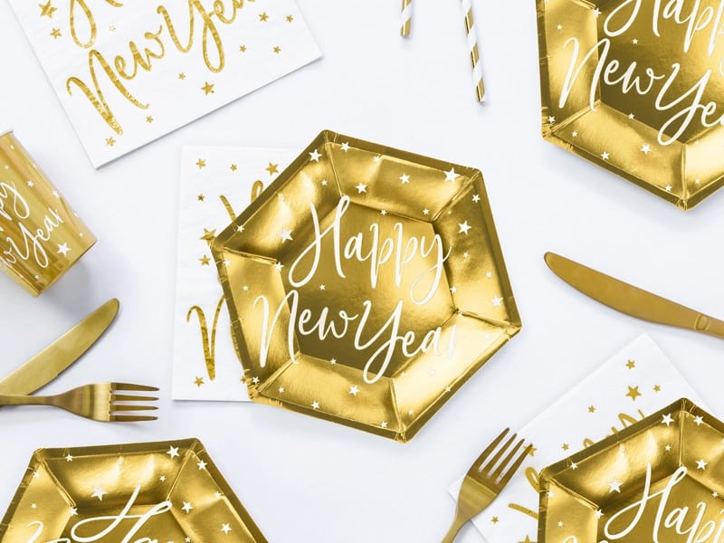 Talerzyki papierowe Happy New Year 6 szt. Złote