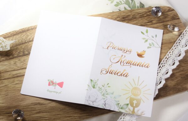 Zaproszenia Komunia Biała Róża IHS