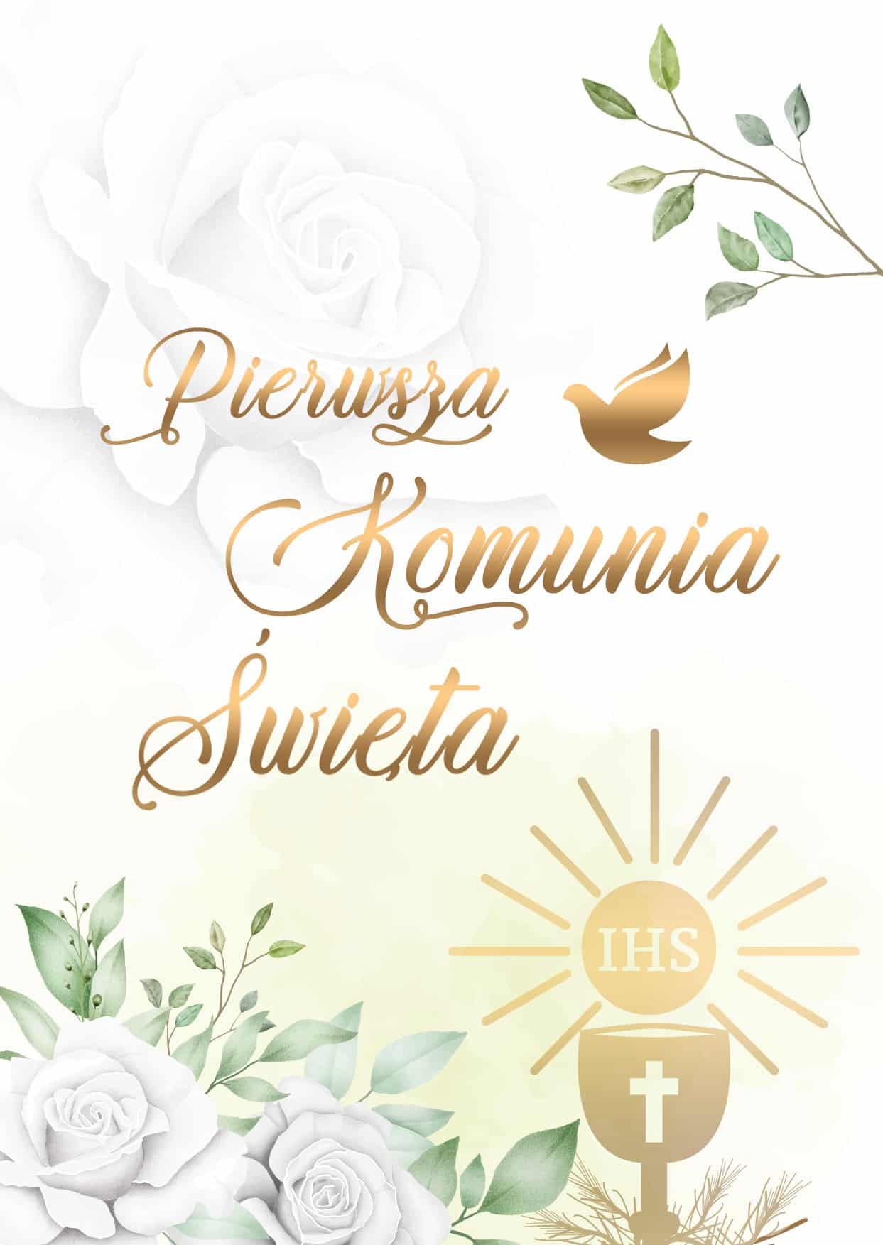 Zaproszenia Komunia Biała Róża IHS