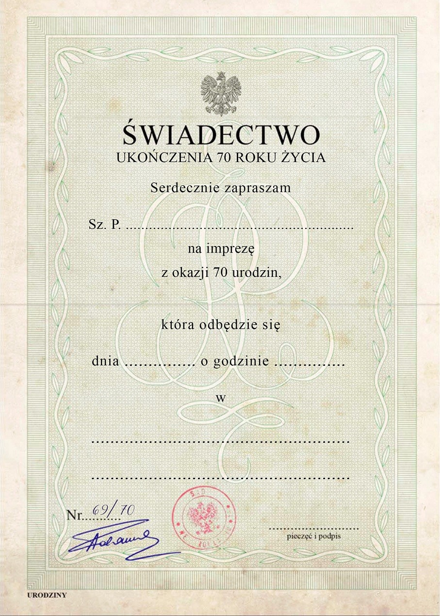 Zaproszenie na 70-tke WZÓR 1 PRL