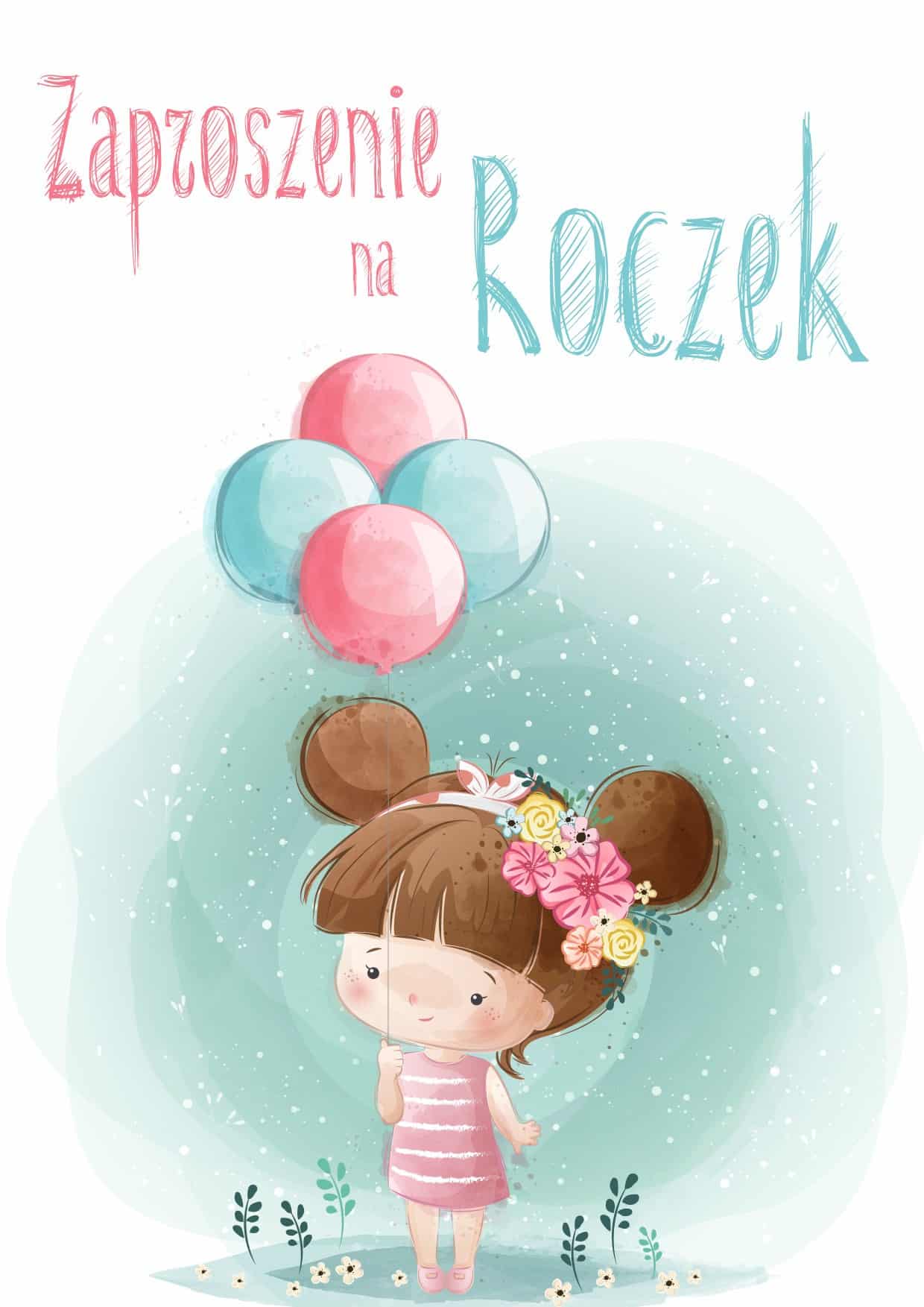 Zaproszenie na roczek Dziewczynka z balonikami 