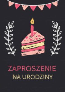 Zaproszenie na urodziny Czarne z ciastkiem
