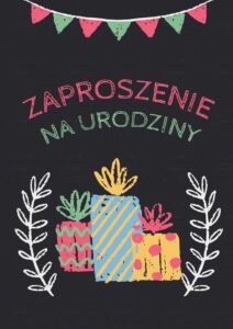 Zaproszenie na urodziny Czarne z prezentami