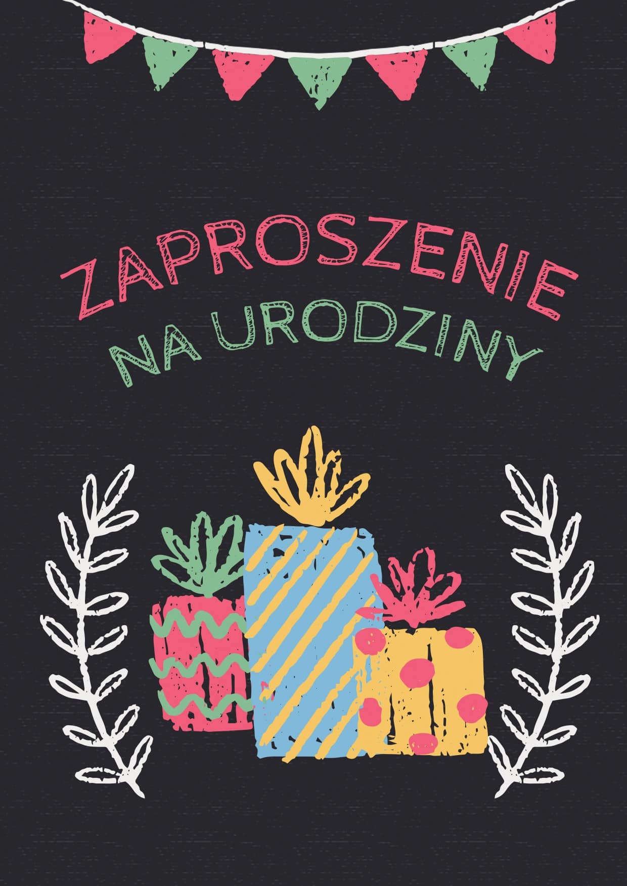Zaproszenie na urodziny Czarne z prezentami
