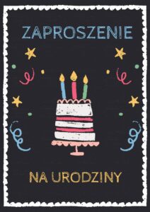 Zaproszenie na urodziny Czarne z urodzinowym tortem
