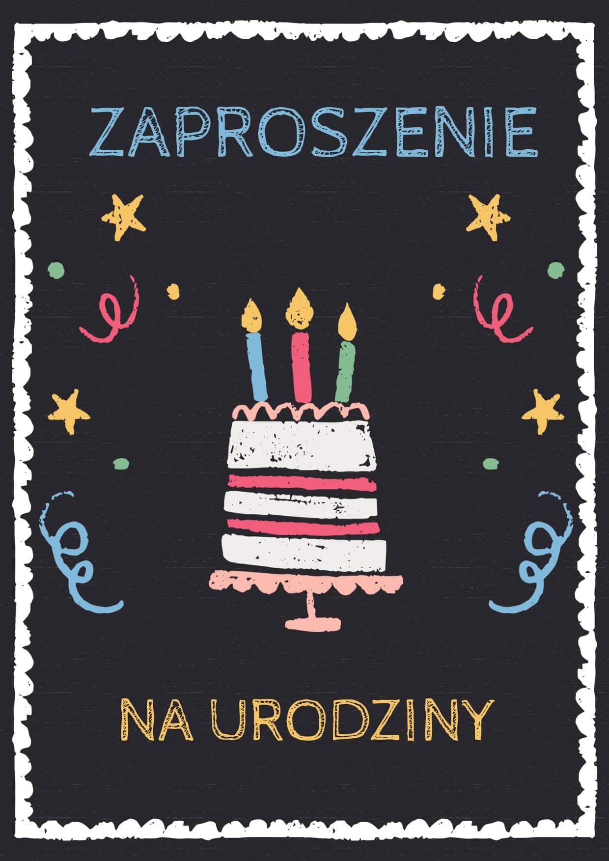 Zaproszenie na urodziny Czarne z urodzinowym tortem