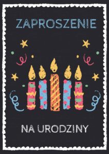 Zaproszenie na urodziny Czarne ze świeczkami