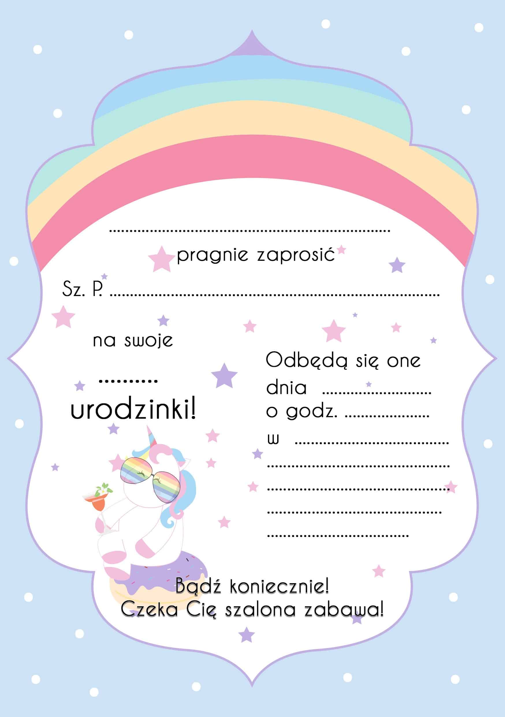 Zaproszenie na urodziny Tęczowy Jednorożec