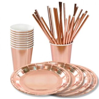 Zestaw Rose Gold Talerzyki Kubeczki Słomki