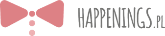 Logo z szarym napisem Happenings.pl oraz różową kokardką
