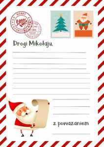 List do świętego mikołaja w zestawie z kopertą, kalendarzem oraz znaczkami pocztowymi