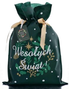Worek na prezent wesołych świąt zielony ze złotą wstążką