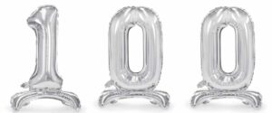 Balony stojące w kolorze srebrnym cyfry jeden zero zero