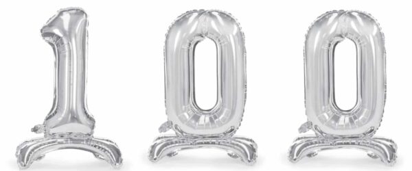 Balony stojące w kolorze srebrnym cyfry jeden zero zero