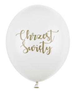 Biały balon lateksowy z napisem chrzest święty