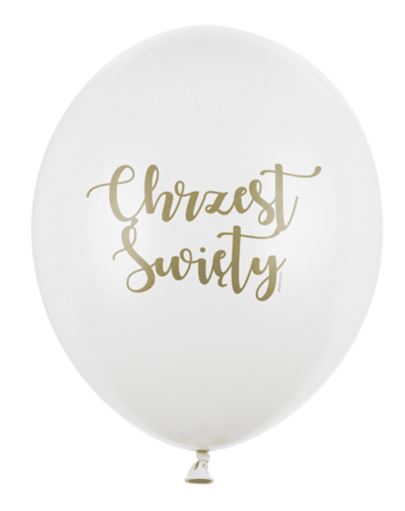 Biały balon lateksowy z napisem chrzest święty