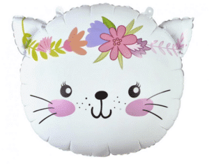 Balon Foliowy Kotek (głowa) w kolorze białym z wianuszkiem w kwiatki