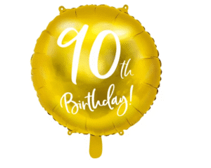 Balon foliowy w kolorze złotym z białym napisem 90th w rozmiarze ok.45cm