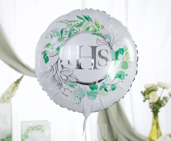 Balon Foliowy na komunię IHS srebrny napis z zielonymi listkami w rozmiarze ok.45cm