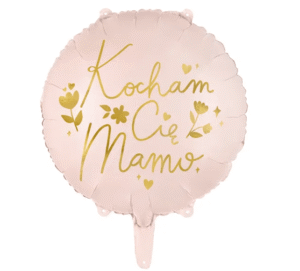 Balon foliowy okrągły ze złotym napisem:Kocham Cię mamo w delikatnym pudrowym różu o rozmiarze ok 45cm.