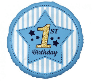 Balon foliowy okrągły z niebieska gwiazdą i napisem 1st birthday w rozmiarze ok45cm