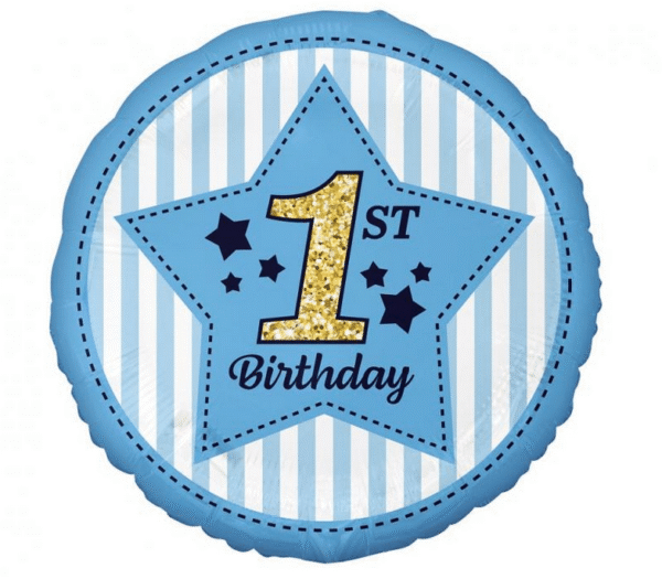 Balon foliowy okrągły z niebieska gwiazdą i napisem 1st birthday w rozmiarze ok45cm