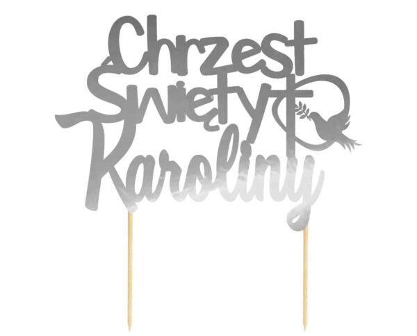 Topper na chrzest personalizowany w kolorze srebrnym