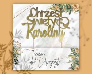 Topper na chrzest w ozdobnym opakowaniu w kolorze złotym dowolne imię personalizowany