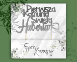 Topper na pierwszą komunię świętą w kolorze srebrny, dowolne imię, w ozdobnym opakowaniu