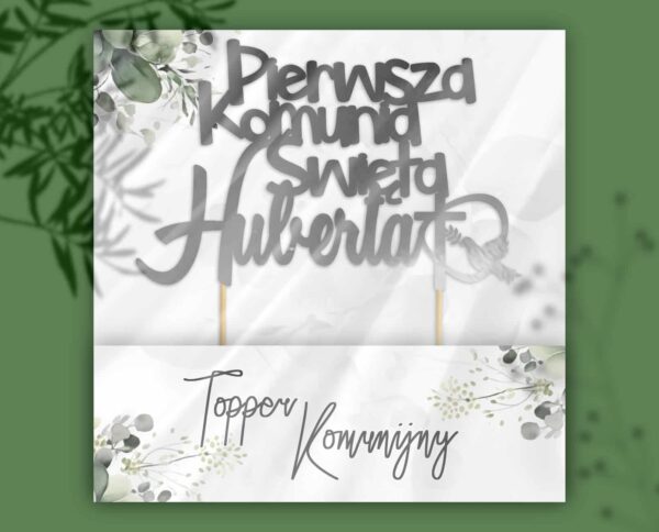 Topper na pierwszą komunię świętą w kolorze srebrny, dowolne imię, w ozdobnym opakowaniu