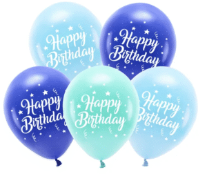 Balony Happy Birthday na urodziny w kolorze niebieskim i turkusowym i błękitnym