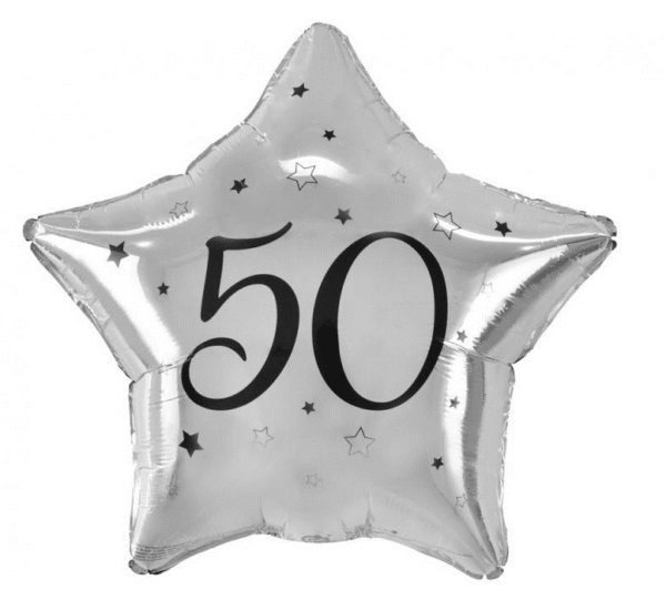 Balon foliowy srebrna gwiazda z nadrukiem cyfry "50"