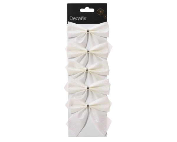 Białe kokardy na choinkę 9cm 5 sztuk mieniące decoris