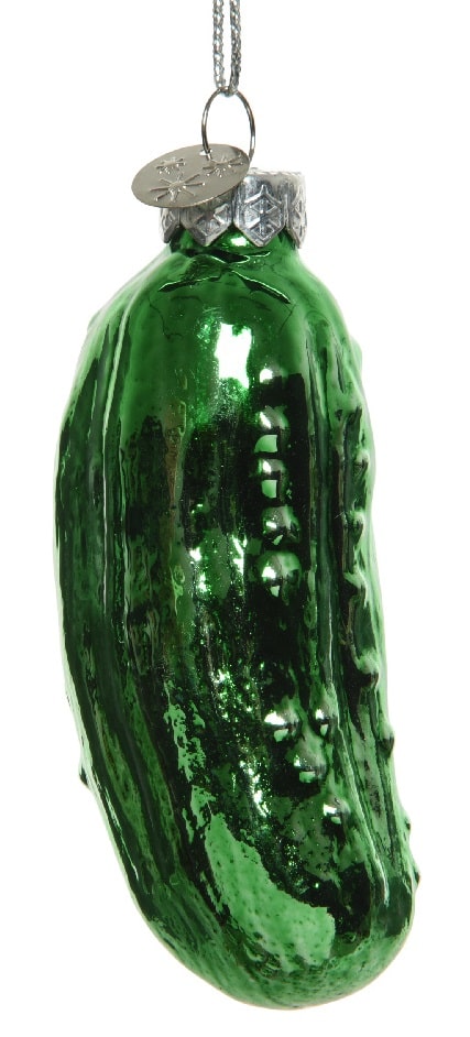 Bombka szklana w kształcie ogórka w kolorze zielonym ze srebrną zawieszką