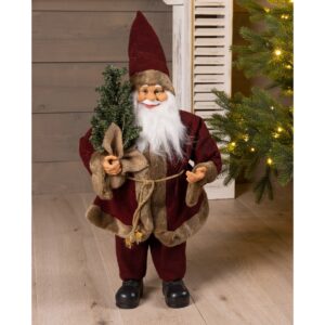 Duża Figurka Świąteczna Mikołaj w Bordowym Płaszczu z Choinką (60 cm)