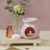 Zestaw Aromaterapeutyczny na prezent ceramiczny kominek, mini tarka, naturalna kostka wosku, drewniana podstawka oraz świeczka tealight