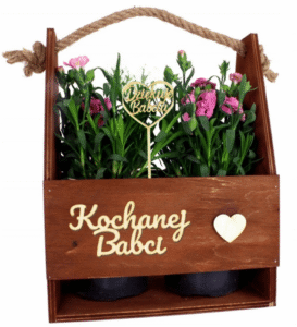 Drewniana doniczka na kwiaty z napisem kochanej babci z pikiem