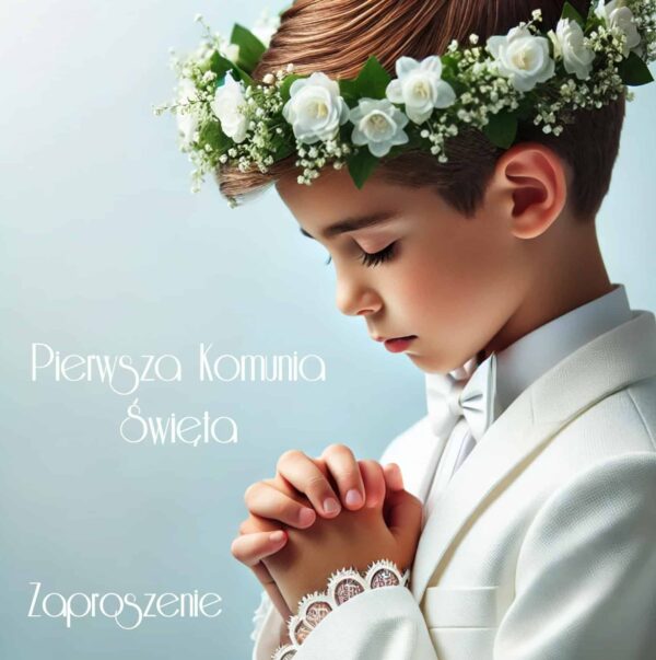 Zaproszenie komunijne modlący się chłopiec